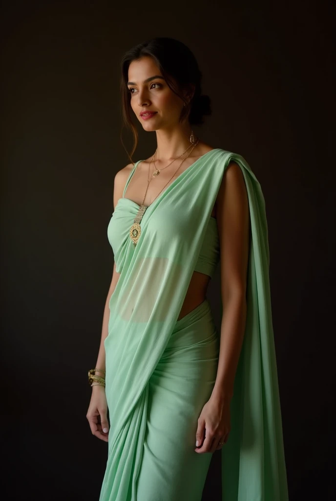 27yo tamil sllim woman, green saree, navel, clevage