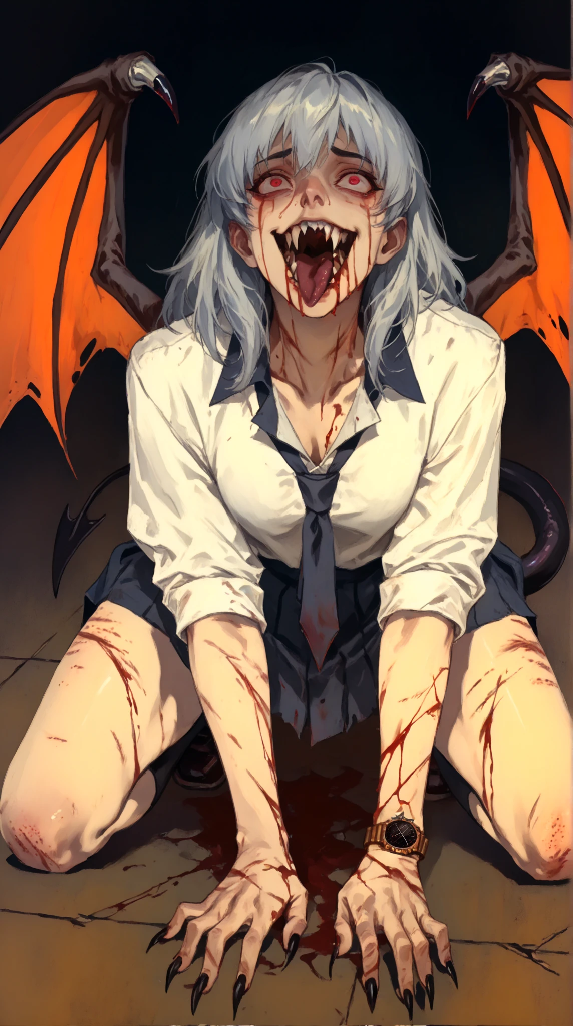 Zombie little girl,With vampire teeth,lie on the floor,exposed胯部,white transparent,凸起sexy的,There are on the street,watch,Spread the joy of leg presses,Clothes are tattered,There are bite marks on the body,View from the side,pained expression,sexy的,Lordosis and kyphosis,Half-kneeling position,His whole body is covered with blood,crazy,Bite marks all over the body,Skin changes,Grow claws,The main character is biting another ,Grow fleshy wings,Grow a fleshy tail,youth,Junior High School Girl,open,Exaggerated expression,legs spread apart,exposed胯部,Wearing gymnastic clothing,exposed,yandere,Blood-colored clothes,lean down,forward and backward,sexy,charming,Scene,best quality,dark background,loli,Gothic,Have vampire blood,Grow vampire wings,Grow a vampire tail,Sharp teeth