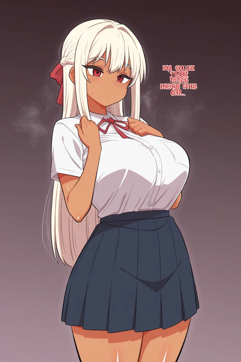 A power, wearing a large shirt that reaches the thighs,na casimia is written ,text ´´Harl´´,she is happy,and with a naughty expression.