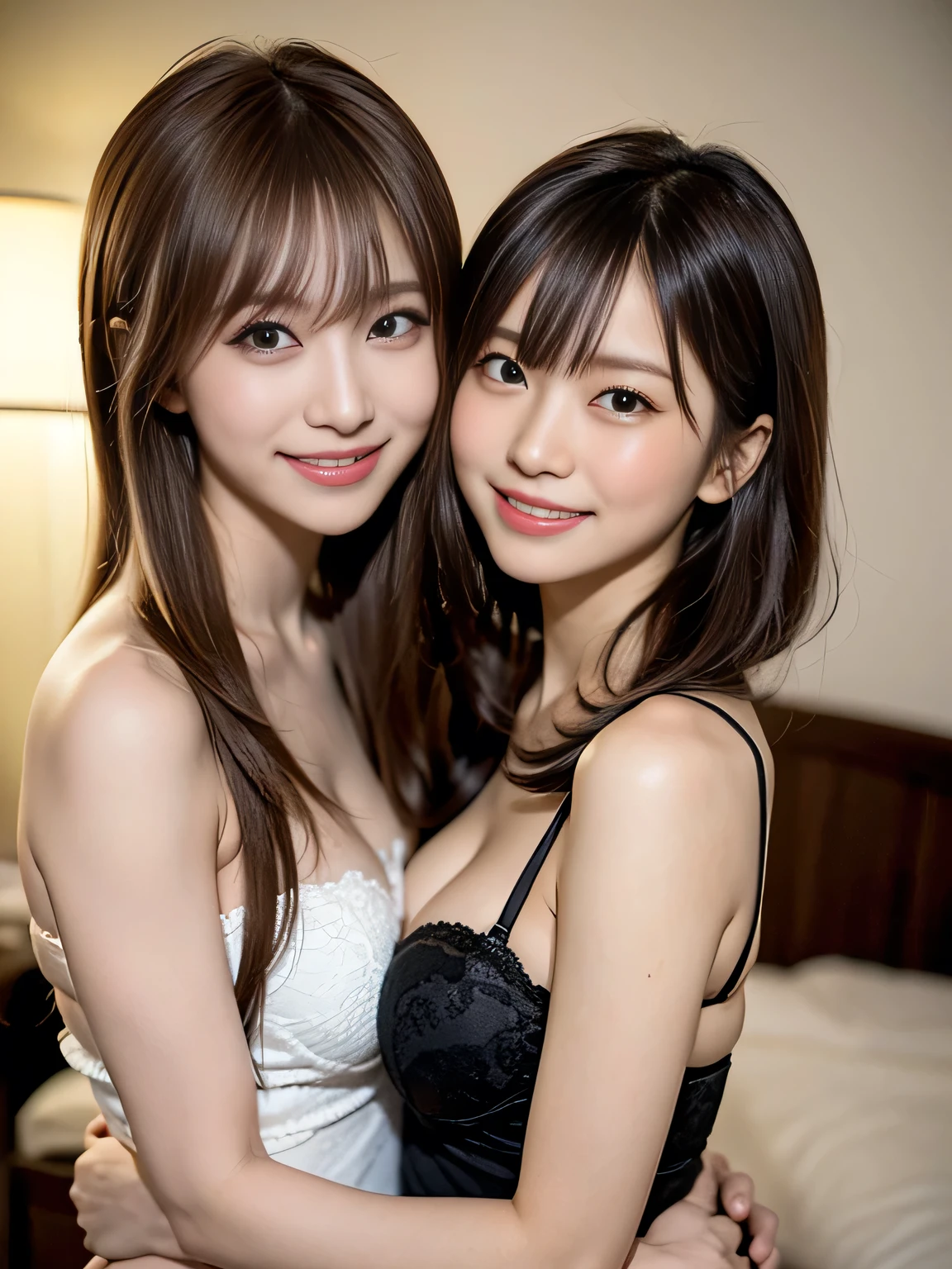 two girls、fun atmosphere, beautiful and fine eyes, cute hairstyles, Vivid costumes, pose playfully, wood々sunlight shining through the gap, soft shadow, Bright colors, lively look, zora々energy, laughter and giggles, delicate flowers,、friendship and bond, capture happy moments, Moderate: Top quality digital illustrations, High resolution), super detailed, realistic, Vibrant color palette, Natural light、light colored room wear