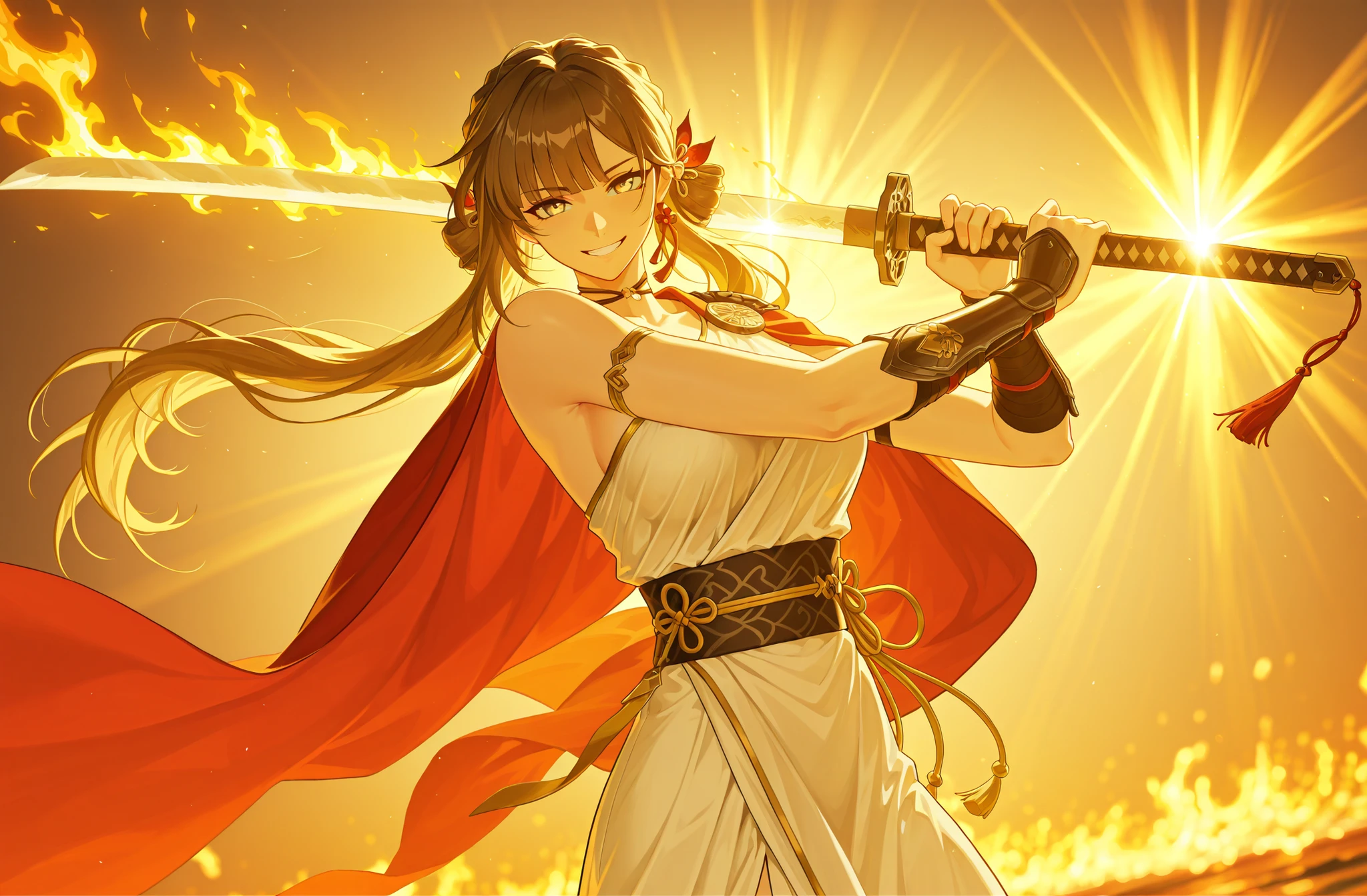 style of [arknights|(748cmstyle:0.88)], god rays, cinematic shot, masterpiece, best quality, amazing quality, very aesthetic, high resolution, ultra-detailed, absurdres, (hands:-0.15), (1girl, mature woman, female:0.95), solo, alone,(dynamic pose, upper body focus, dutch angle, three quarter view, face focus, cowboy shot:1.2) ,(Sushang, Sus_Def:0.63), brown hair, silver hair, long hair, twin tails, hair ornaments, bows, heavy Chinese weapon, Chinese style greatsword, Chinese katana, Chinese swords, high guard, holding weapon high, grin, smirk, playful eyes, (greco roman clothes, sash, toga, greek clothes:1.22), glass ocean, half submerged, burning sea, red sharp cape, draped cloth over weapon, golden eyes, silver eyes, (translucent hair:1.55), novuschroma79 style, glitch art photo
BREAK, depth of field, volumetric lighting
 