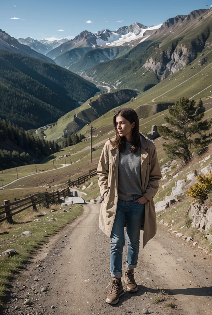 European girl with brown hair, Blue eyes, wide, beautiful face, pale face, beautifully styled hair, thin lips, rosy cheeks, standing at full height against the backdrop of beautiful green alpine meadows, snow-capped mountains in the distance, a girl in a light sports jacket unbuttoned on the chest, an unzipped zipper at the neckline, Arms at the sides, enjoying the air, enjoying the face , hair blowing in the wind, Mountain landscape, alpine meadows, Turn your back to the camera, arched back, beautiful butt in tight jeans, bright sunlight, sun glare, 120mm camera