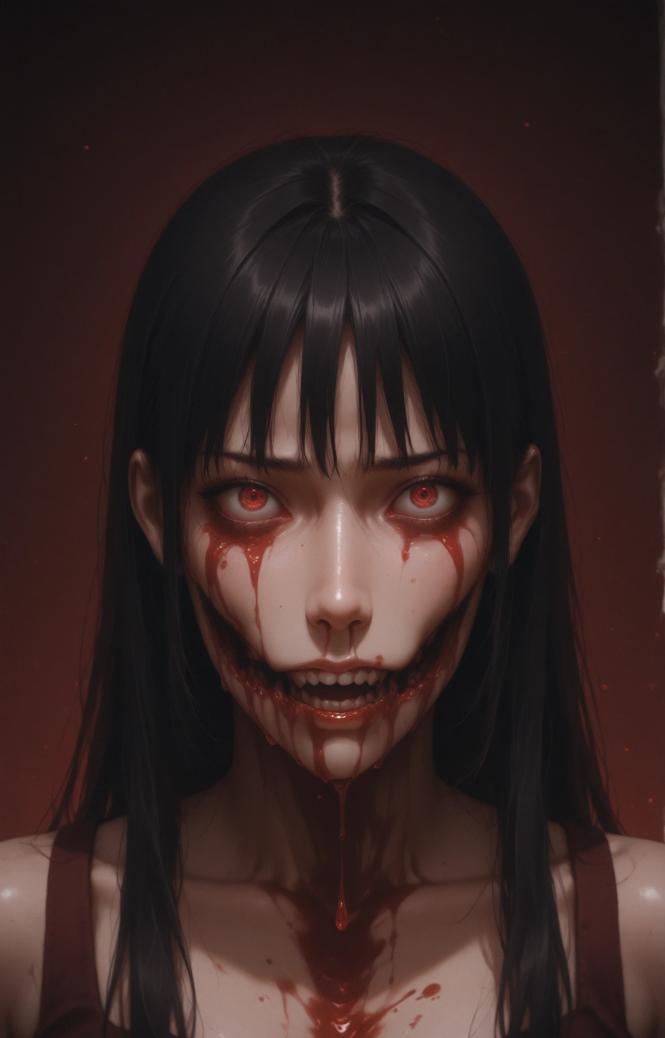 Hisako, grey skin,long hair, hair over one eye, black sclera, white pupils, looking at viewer, crazy eyes, crazy smile, standing, legs spread wide, perspective angle,
HIattire,red kimono with floral print, off shoulder, torn clothes, cleavage
(insanely detailed, beautiful detailed face, masterpiece, best quality) <lora:Hisako-01:1> <lora:Crazy_ExpressionsV2:0.8>,