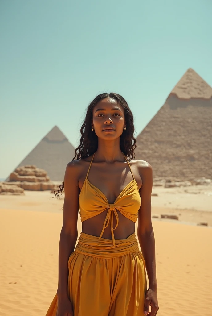 1 black woman, beautiful, hot, fleshy lips, full breasts, thick thighs, long curly hair (((photo, whole body, happy)), masterpiece, best quality, ultra-detailed, solo, outdoor taking selfie on the side of a sand dune in the desert, with the wind blowing dust into the air, sweat, (night), pyramids, camels, (stars, moon) cheerful, happy, light expedition clothes, gloves, tank top shirt, shorts, hat, cactus, stones, sphinxes, smoke, shadows, contrast, clear sky, style, (warm hue, warm tone): 1.2), close-up, cinematic light, side lighting, ultra high resolution, best shadow, RAW, upper body, (super detailed background, intricate details).