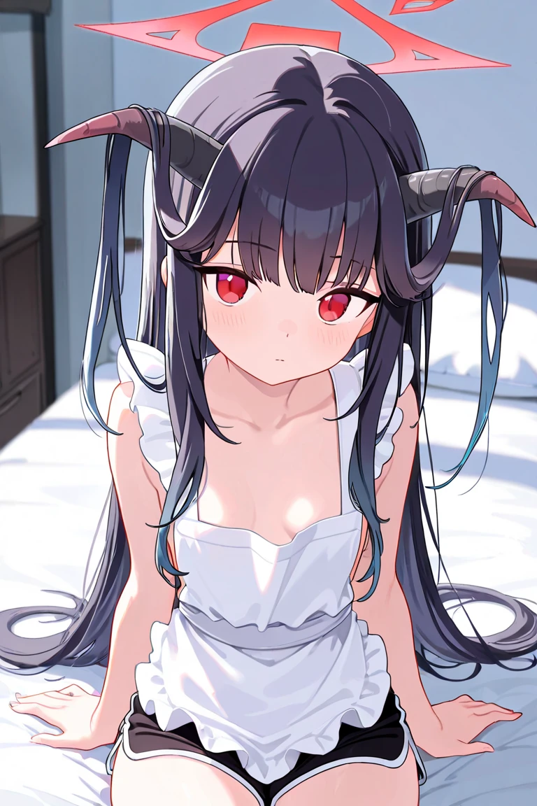girl with dragon horns on her head, long black hair, looking at viewer, on the bed on all fours, night time, 18th century bedroom