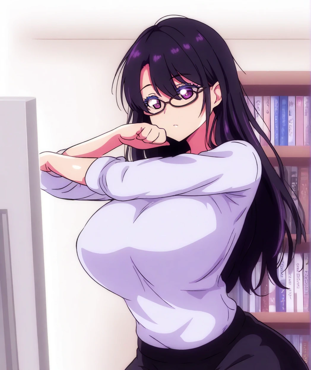 Human, hair black, eyes black, 24 years old, office uniform, wear glasses, ponytail, C cup breasts, 1girls, took off jacket, hot weather, surprised, cock in front, office, deserted