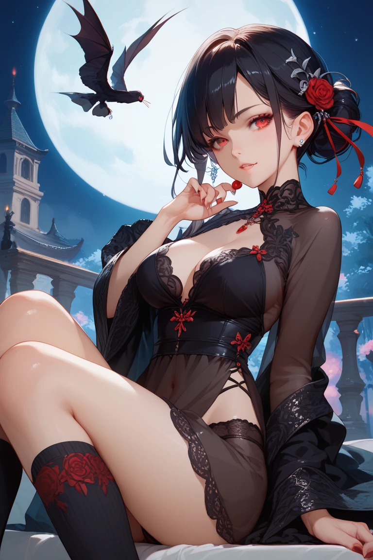 highest quality,masterpiece,shape,an very detailed and beautiful,very detailed,CG,unity,8k wallpaper,wonderful,finely,master,highest quality,official art,very detailed CG シースルー,black face veil , Black nylon , silk stockings ,See-through Hakama, close your eyes,transparent black kimono ,sheer lingerie,enamel high heels,pearl necklace,,straight,lace long gloves, shortcut, hair ornaments, Japanese style room ,crossed legs,stretch one leg,Bewitching,black background, masterpiece, wonderful製品, night, full moon, 1 female, mature woman, brunette hair, up style, red lips, Calm, intellectual, hairpin, hair flower, Detailed facial details, fine eyes, whole body, gray eyes, long hair,sheer black lingerie