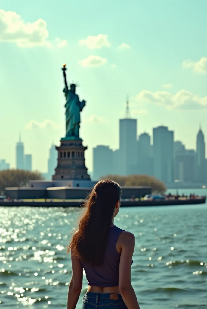 1girll,ultra - detailed,A high resolution,tmasterpiece,By_Style,bf_Holding_Hands,1 Girl holding hands with audience,Take a walk next to the Statue of Liberty in the United States