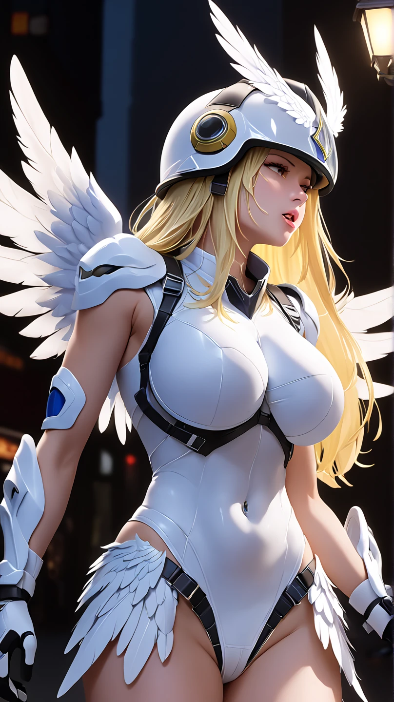 gwen tennyson,yorha 2b,tracer,jill valentine, overwatch,atelier ryza,close up,heaven realm view,tattoos,golden and white plugsuit,white short sleeve angel top,short sleeve harness jacket,steel cargo leggings,uncovered belly,long punk hair,punk makeup,green eyes,multicolored silver hair,long dress train,sexy smile,freckles,beautiful girl,thigh high boots,large breasts,8k,ultra detailed, realistic,fantasy art,crystal armor,angel gown dress,hair pin,ear piercings,crystal hand and neck jewelry,(weather:windy),1girl,long angel cape,holding a crystal spear,large angel wings,