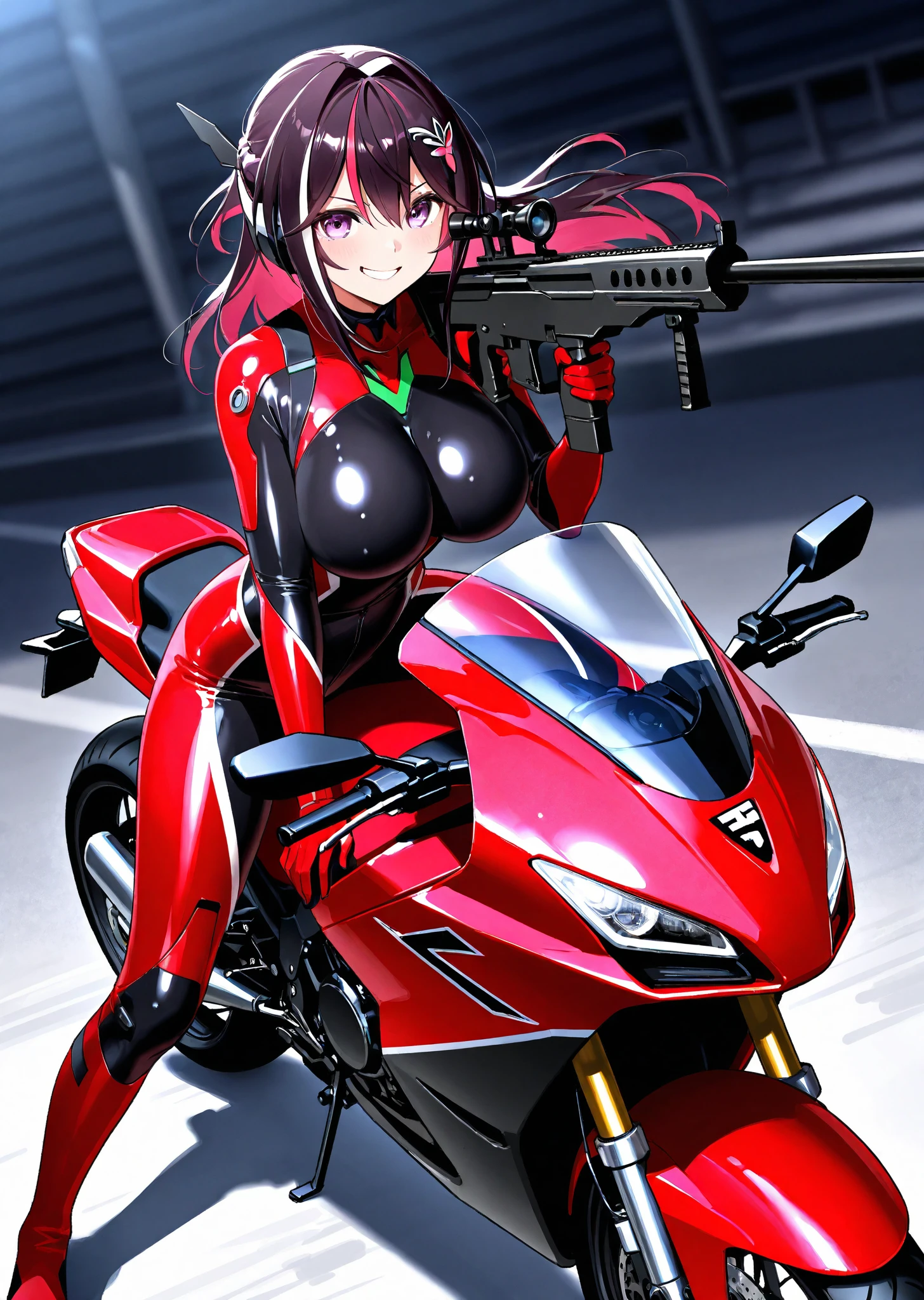 biker girl, neon sportive motorcycle, Leather one-piece garment, Short hair, yellow glowing eyes, Dark colors, fingerless gloves, Cyberpunk, Neon lights, cleavage, Red hair, Sexy, tightsuit, Night, the city street, mitts, rain, aiming a pistol,