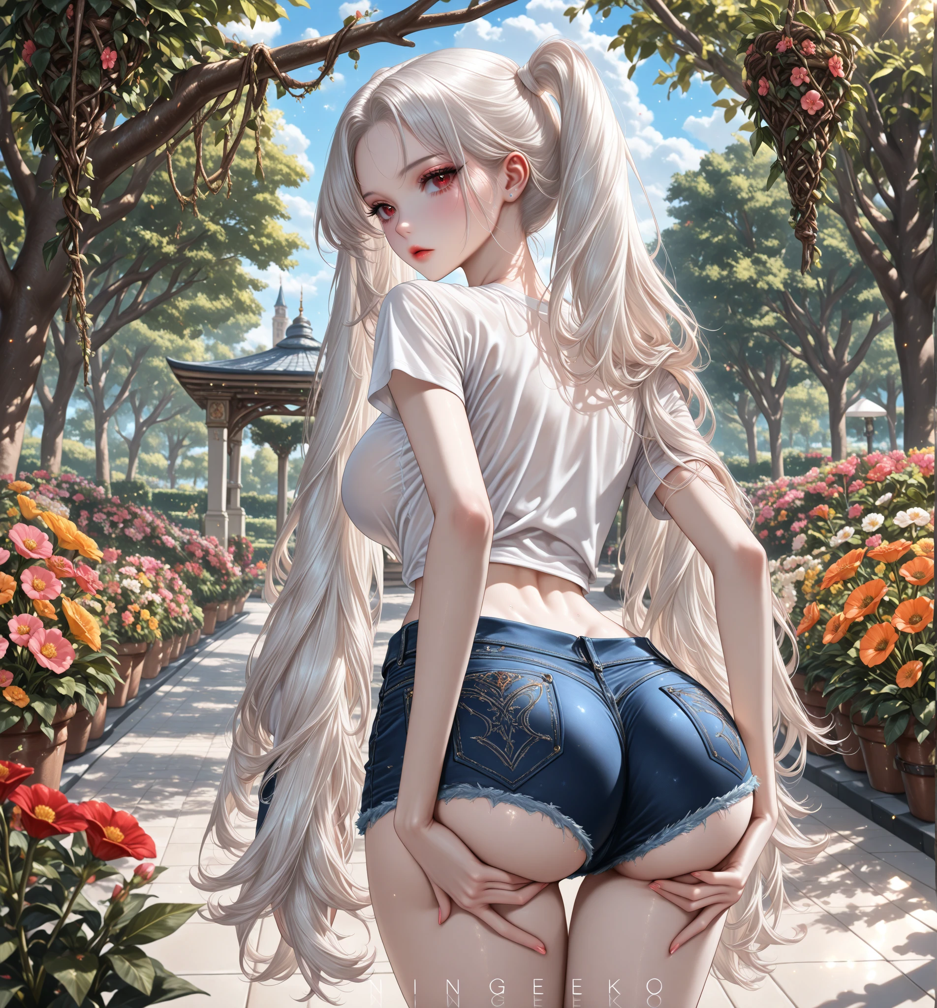 Korean Idols Mature Woman The spring wind blows large amount of wisteria flowers Lavender Fields Blonde with bangs Hair blowing in the wind Rimless glasses Bright red rouge lips Big Breasts Big Butt Wet blue shirt White denim hot pants Knee-high boots Turn around with your back Sit with your buttocks sticking out Turn around and make eye contact Photorealistic Happy expression Duck mouth masterpiece Depicted from below