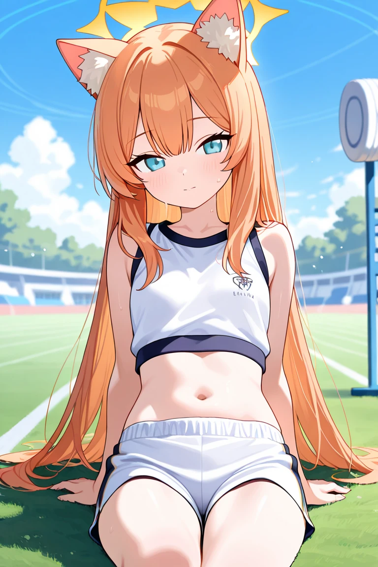 nsfw, masterpiece, 1 girl, ((topless)), intricately detailed, navel, necklace, sweaty, orange hair, jogging pants, smiling, extremely detailed, photorealistic, octane render, 8 k, unreal engine., bare breasts, bare stomach, beautiful face, small breasts, ((flat chest)), silence_suzuka \(umamusume\), stretching, horse ear, horse tail, bare shoulders, nipples, nude, different pose, open mouth, blushing, racetrack, people on background, oval field, track and field, cowboy shot, slim, thin,