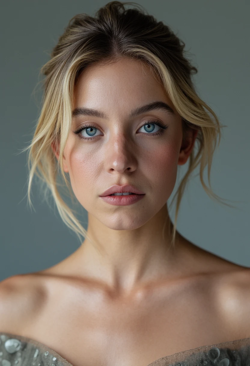 beautiful blond scandinave lady, little and fine nose, evil smile, blue hazel eyes, luscious little mouth, dark makeup, hyperdetailed photography, soft light, head and shoulders portrait, cover, face on camera