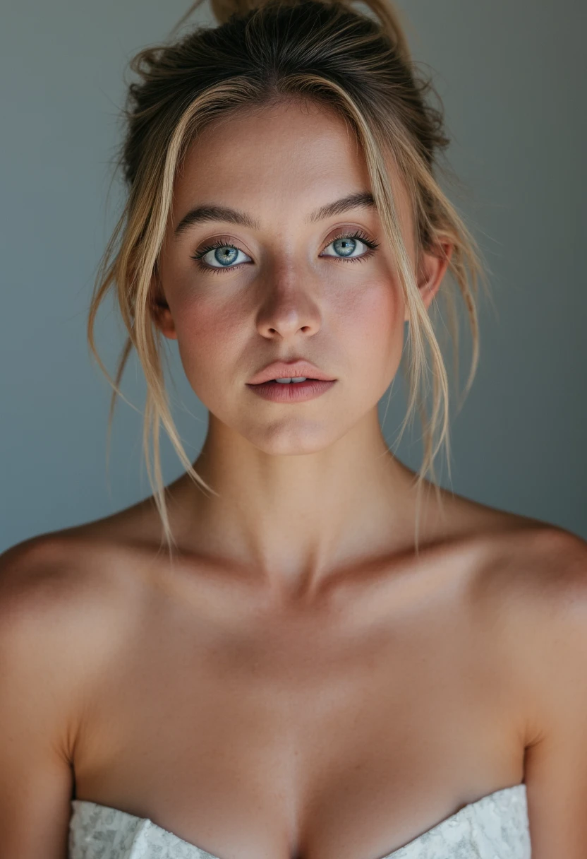 sublime femme avec une beauté sans égale au long cheveux blond clair éclatant avec des yeux marron/vert brillant et une vue de face, corps avec les proportions parfaites, des traits de visage exactement dans les normes de beauté, habillé d'un tenue élégante et classe
