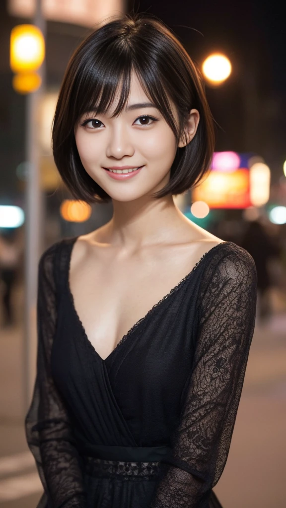 1 female，18-year-old，（numerical portrait：Mayu Yokota， Yuko Araki），black eye，beautiful face，（thin skeletal surface+delicate features、），非常にdetailed face，（delicate Japanese makeup），（messy and layered， by bangs）， smile，Please look into the camera，fair and smooth skin，（optimal skin type：1.21），（clavicle：1.2），naked、All nude、全naked，（big breasts），（realistic close-up photo of woman），thin waist、long legs，（slim body shape），street，（（Hasselblad Photos）），surreal pictures， Physically based rendering，professional lighting，exquisite details，detailed face，the picture is pure，perfect hands，perfect posture，ultra fine makeup，ultra-fine clothing material、live action、smile and stand up straight、New York night view、blur the background、short hair style