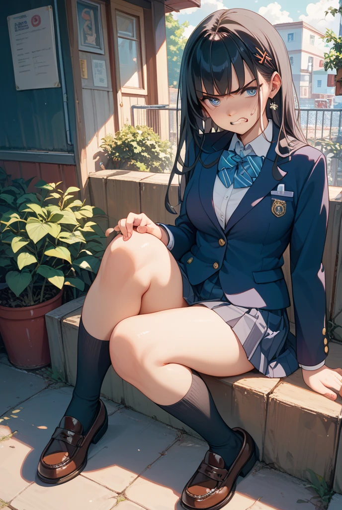 (1) There is a high school girl with beautiful legs., Lift up your skirt and show off your beautiful legs and panties,
(3) A high school girl wearing a white collared shirt and a navy blue uniform blazer.、The skirt is a mini version of the gray uniform skirt..、My feet are wearing loose socks.,
(4) The visible pants have a flashy pattern on a white background..,
(5) high school girl with brown ponytail, shining eyes, A provocative grin,
(6) The location is the high school courtyard..,
(7) highest quality, High resolution, realistic pictures, realistic skin,