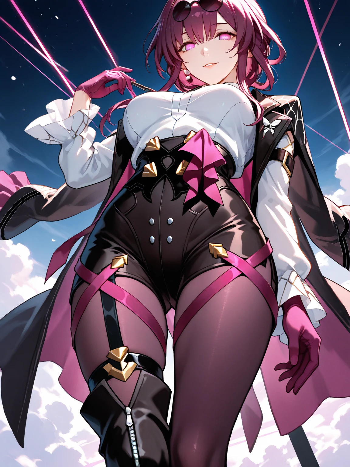(masterpiece:1.2, best quality), 1girl, solo, undercut hair, colored hair, pink eyes, head accessory, intricate coat, bra, black thighhighs, combat boots,