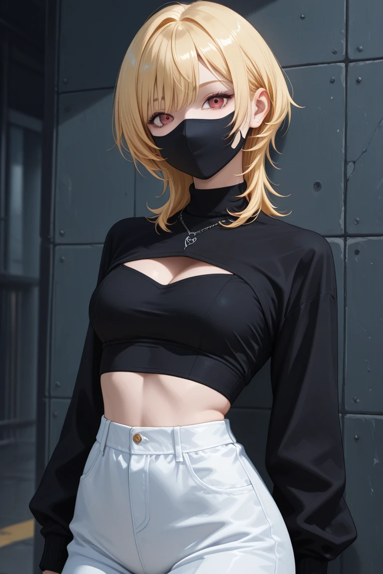 (best quality, master piece), perfect face an body, Girl with a mask on her face and a cell phone, Cuerpo perfecto sombreado realista, Traje revelador, Ropa reveladora, Cuerpo completo altamente detallado, black shorts, strapless shirt, blond short hair, navel, thicc,