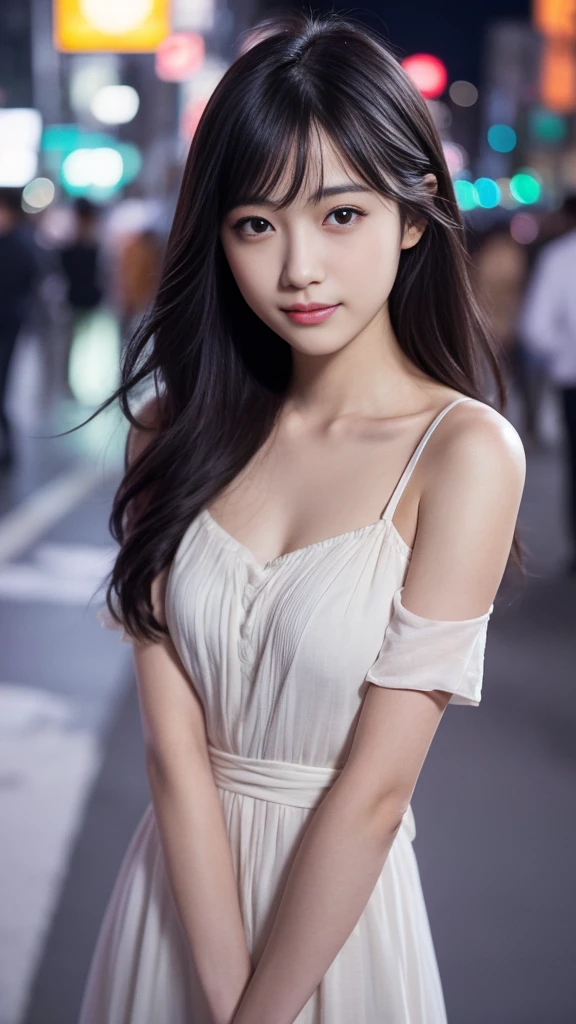 A pure and beautiful Korean beauty with blue eyes and black hair, dimples on her face, peeking out from her white shirt