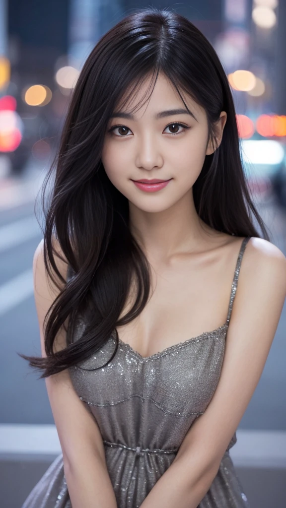 (Best quality, 8K, masterpiece:1.3)) , (one person: 1.4), 1girl, a Korean woman, a goddess, 25 years old, portrait photography, high contrast, God perspective, aperture F1.2, focal length 24mm, ( Full body: 1.2), smile, pose for photos, fine lace, slip dress, simple cut dress, brand dress, simple cut, long black hair, hair tied up, super detailed skin details, detailed fabric texture