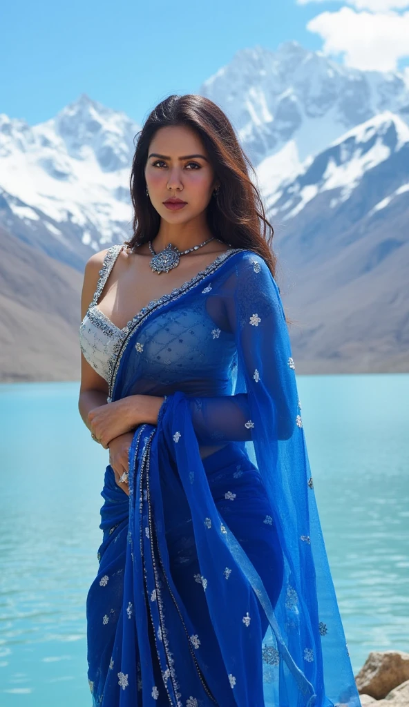 A beautiful sexy woman dancing with wear wear saree in front of  Himalaya valley scenery  with high regulation & contrasting. Dance music play like dj sound.