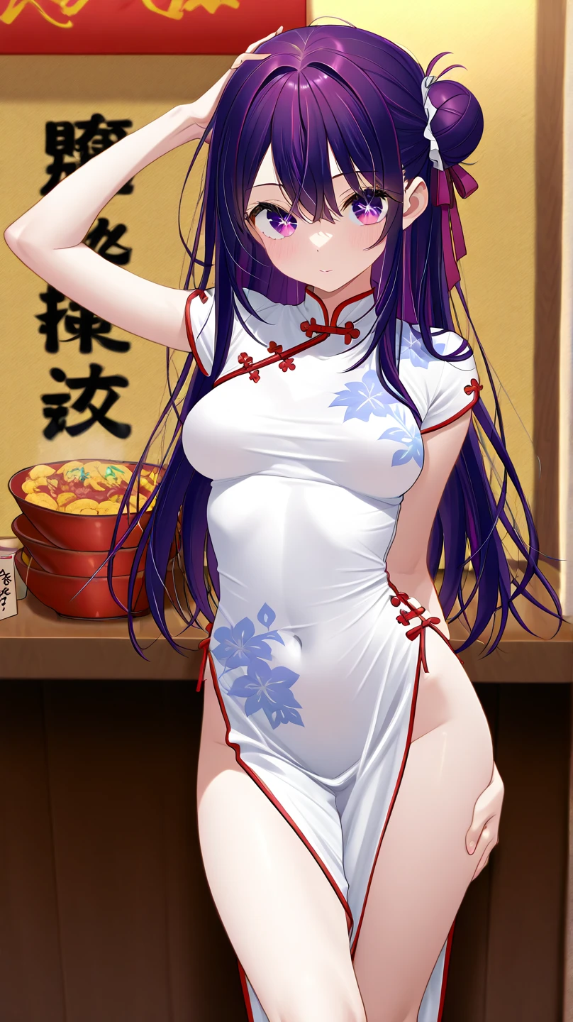 Himejima Akeno、long hair、(draw the eyes:1.2)、one person
、blush、smile
、((Chew sausage in your mouth))
、upward glance
、(white cheongsam)
、(highest quality)
、(fine skin:1.3)