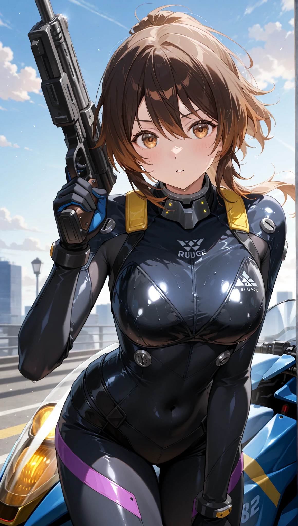 absurd res, A high resolution, (巨作:1.4), A highly detailed, 1girll, From above, space, Floating, Killing City Combat Suit, Sharp focus, (Cinematic lighting), (1girll), Slight smile