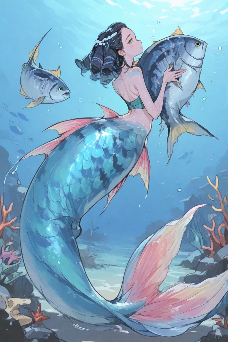 master-piece,hyper quality, hyper detailed,perfect drawing,high-resolution,2 Japan idols, (((kiss))(((French Kiss))) hugging each other's breasts pressed against each other, staring at each other, moist eyes, half-open lips, beautiful, blush (0.2),In the deep waters of coral reefs、There is a mermaid who looks like a beautiful woman、The body color is like emerald.、The structure is a half-mermaid、She looked at me from above、I looked at her from below、I hold a pearl in my hands --v 6