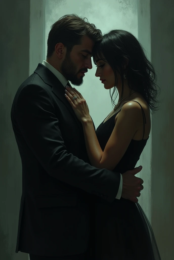 Man and woman in an intimate moment, wearing dark clothes. 4K resolution captures every detail, from the texture of the dress's fabric to the delicate play of shadows and light on the skin. vivid, emotionally charged moment."