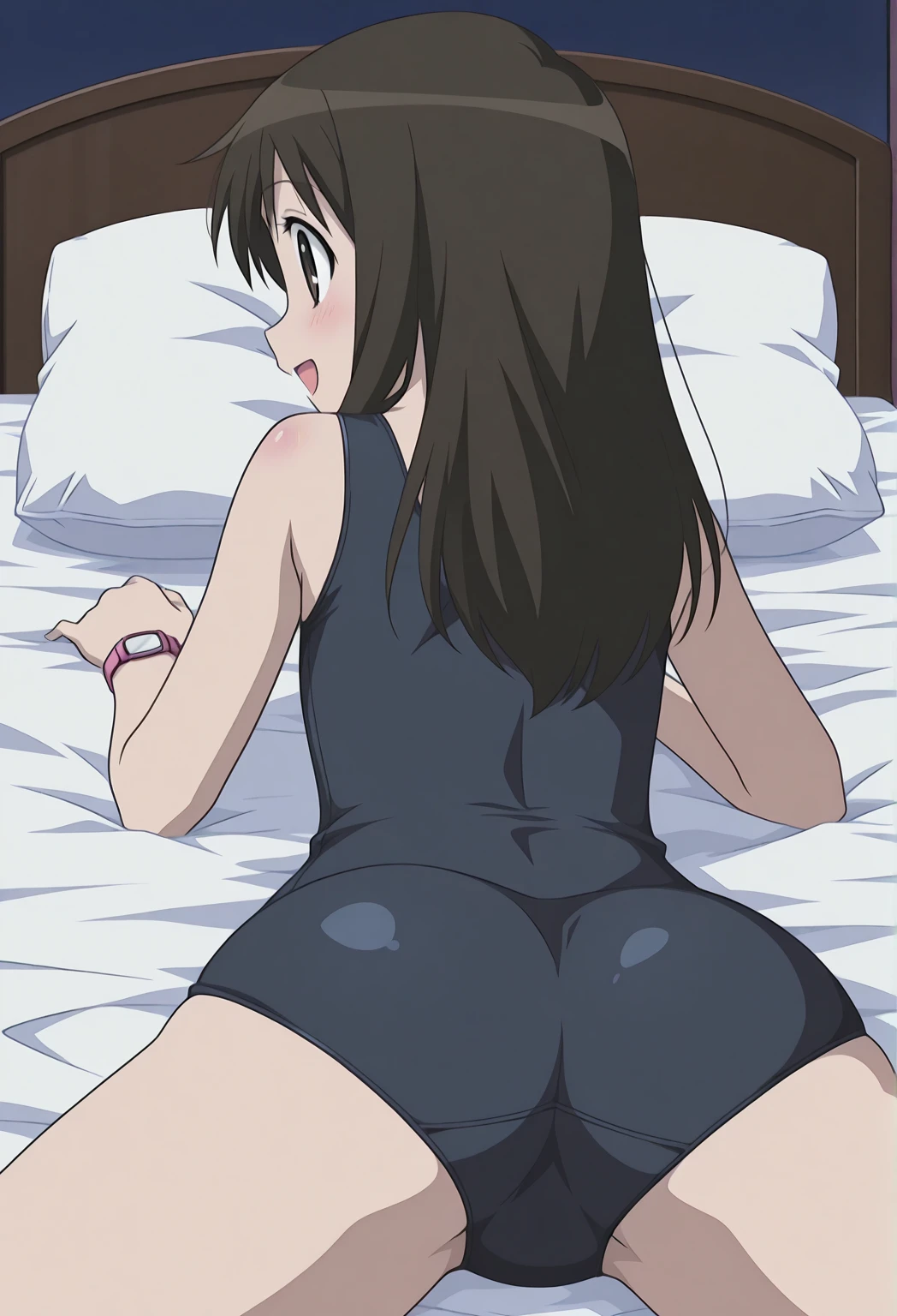 tennis girl's massive rear butt cheeks out of bottomless slutty mini sweater out bare and brown boots, showing her butt, lying down, on bed, wearing oven mittens under big pillow, blindfold