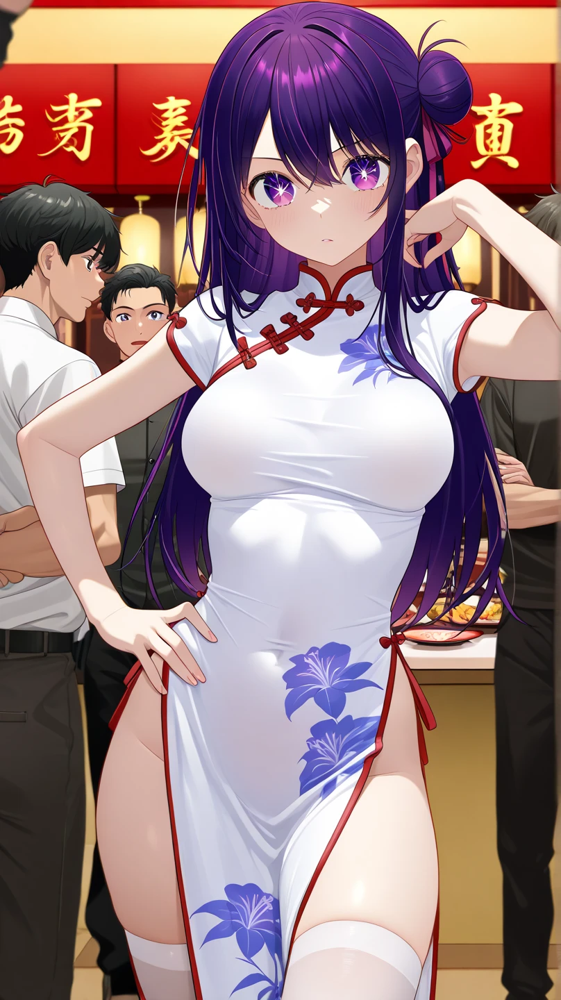 (masterpiece:1.2, best quality), (Practical, photoPractical:1.4), Fine quality illustrations, 
Looking at the audience, whole body, Front view:0.6, 
1 female, 28 years old, Japanese, ((Purple Hair:1.5, long hair:1.4)), Bangs, Hair between the eyes, ((high: 166cm, breast:1.6, Tight waist)) ((((大breast、Low-cut，Cleavage, Wide hips,)))(Long legs) (Wide hips)）
beautiful hair, Pretty Face, Beautiful and delicate eyes, (black eyes:1.3), Beautiful clavicle, Beautiful Body, Beautiful breasts, Beautiful thighs, Beautiful Feet, beautiful fingers, Perfect anatomical structure:1.3, Perfect anatomical structure
((Vermilion cheongsam:1.5, Necklace:1.6)), Black panties:1.6, 
((Grasp the hem of the skirt with your right hand, Put your left hand on your chest, Standing:1.3)), 
(脸红地Looking at the audience:1.3)