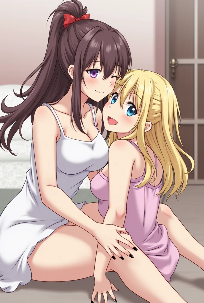((1 naked son:1.4), 2women), 1 young son is sandwiched by 2 women, Sexy mom in bed with her young son, Picture of a Polaroid, grainy, hot sweet innocent young European milfs and their young son, with blonde and brown hair having a fun sexy party on island, (sweater), smile, sexy, innocent, ((breastfeeding)), (threesome), blushing, nipples, (sex:1.6)