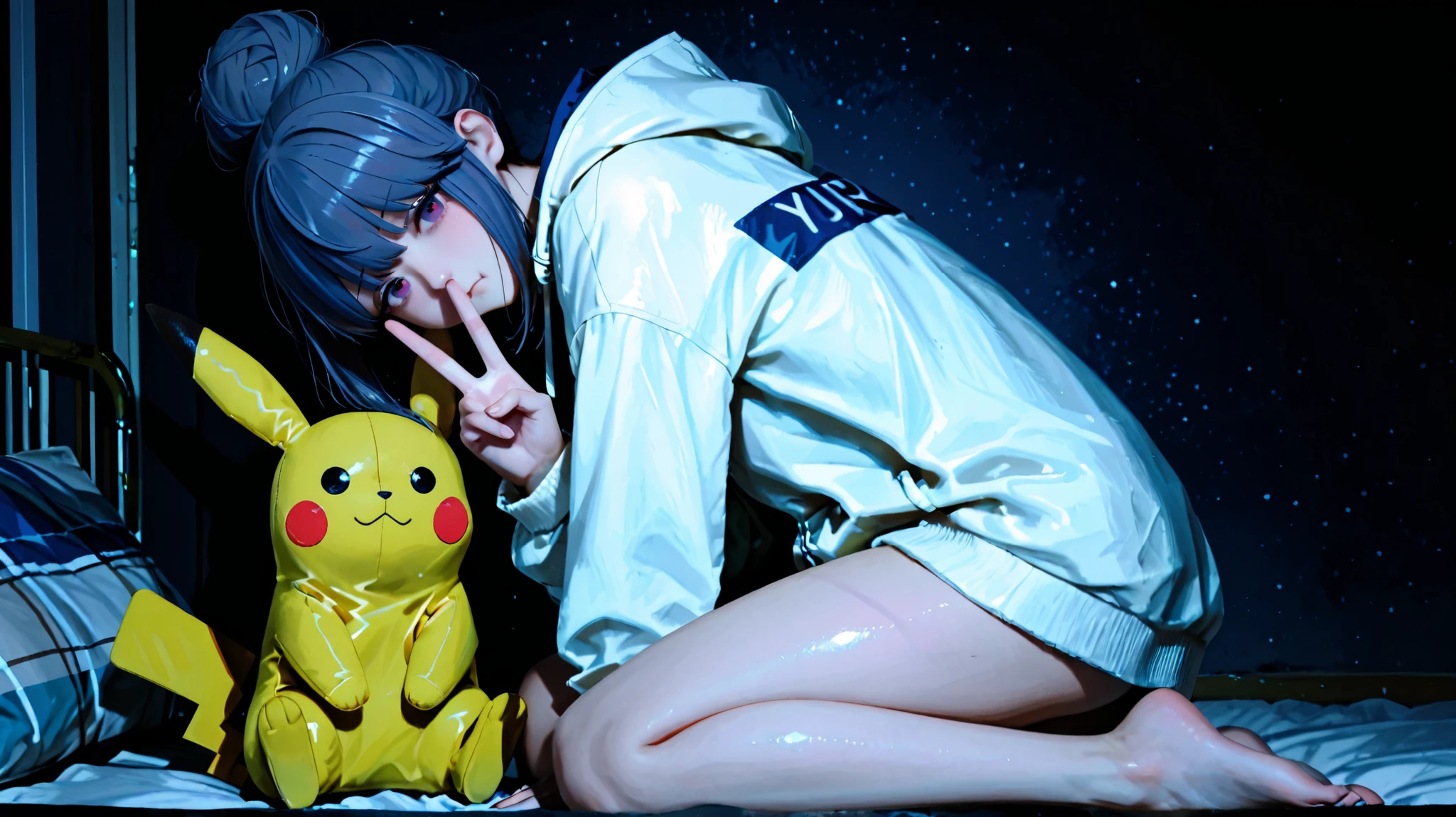 masterpiece、best quality、vivid、very aesthetic、high contrast、Realistic Portraits、8K, Detailed Faces、detailed texture、detailed skin、detailed eyes、looking back, looking at viewer, full body, soro, Holding a stuffed pikachu, pout, one hand up, V-sign ,1girl, shima rin, yurucamp, night lighting, dark background