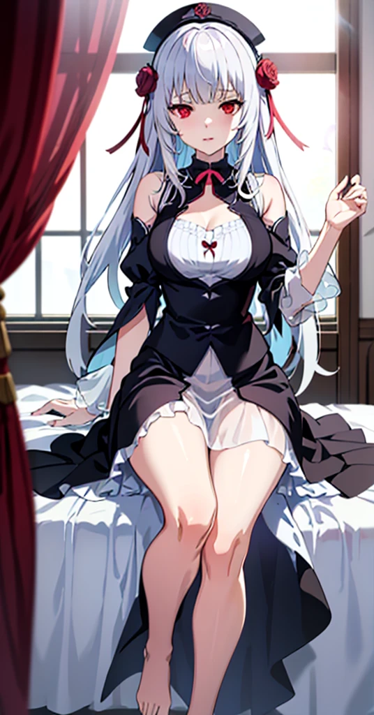 (((巨作))),(((Best quality))),((hyper-detailing)),(illustratio)，Succubus Maiden，Wearing a white full-body maid outfit，white long straight hair，Conservatively dressed succubus wife，Curly succubus tail，with a collar around the neck，There are devil's wings on the back，Charming long legs paired with white stockings
