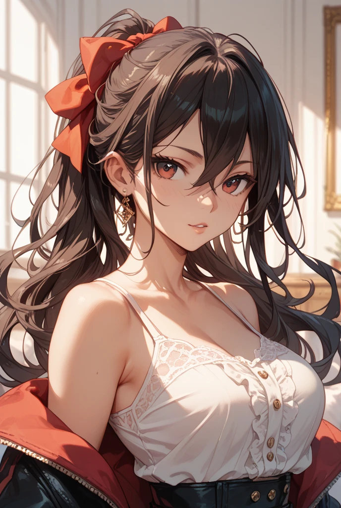 anime style, illustrated, full shot, woman with grey wolf ears and brown hair wearing lingerie and a dildo with lustful face