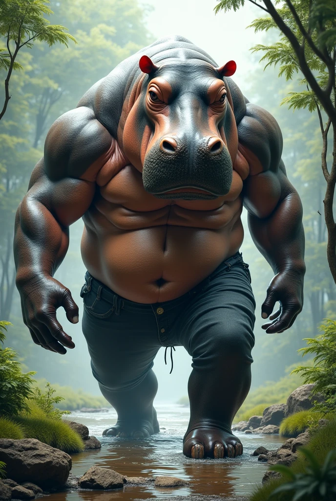 ((A rhino , super strong, Bodybuilder, muscular,)) wearing a stylish gym outfit, raining, a Forest in The background, 35mm lens, photography, ultra details, precise texture details HDR, UHD,64K