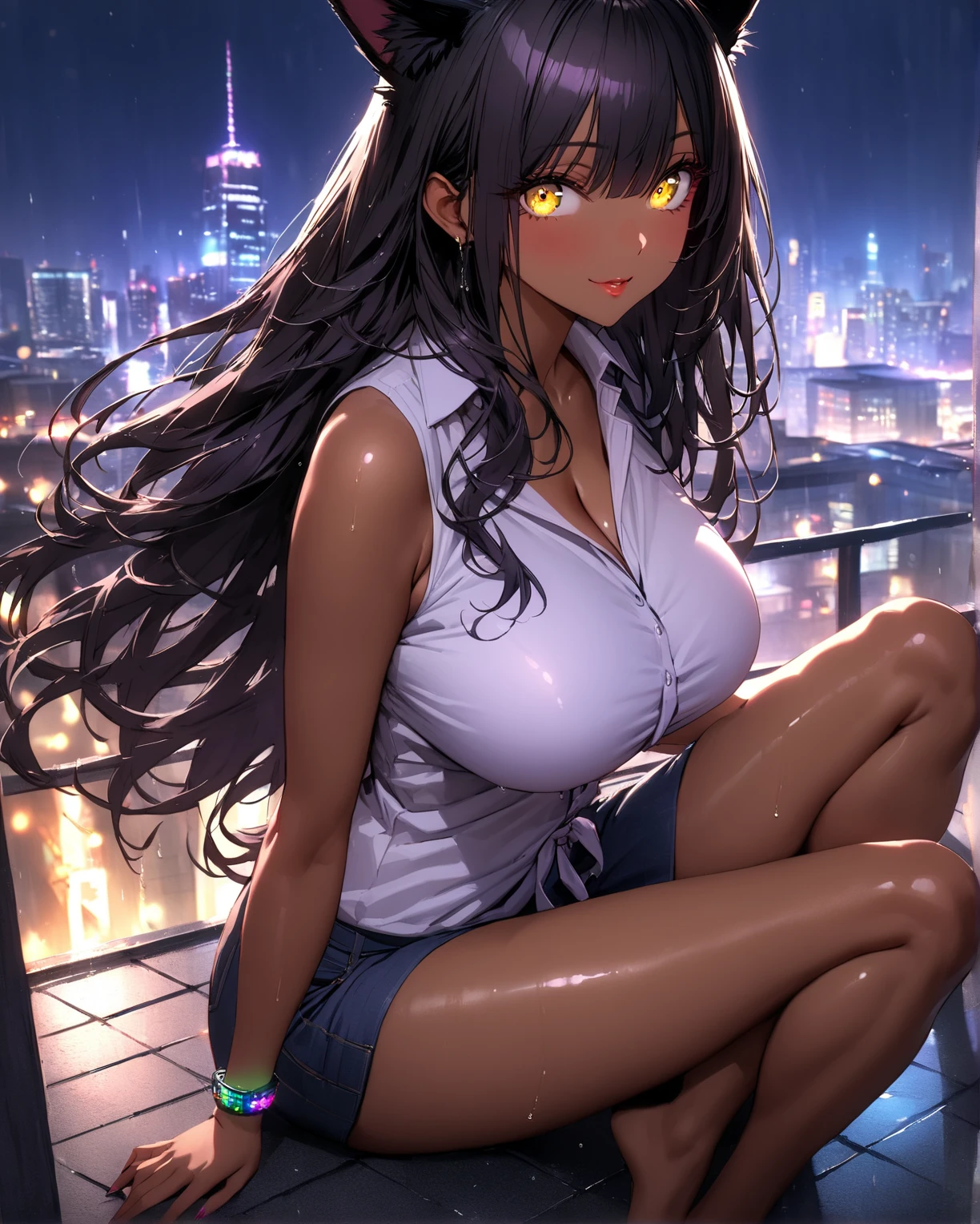 Highest quality,Highest Resolution,4K quality,City night view outside large window in bedroom(thunderstorm)A smiling woman in underwear looking at the camera,Black hair ponytail,Dark room,Sexy Lingerie,Large drops of water on the window,