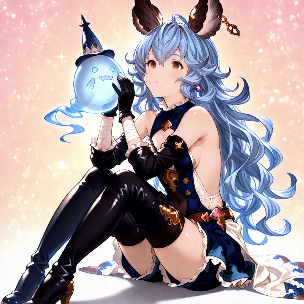 wizard,Ragnarok Online,Blue hair,thick thighs,large breast,black outfit,black rabbit fake ears,Red eyes,{under rim glasses},Naughty face,Round library,celtic,{sitting,Open legs},black pantyhose,breast focus,upper body,