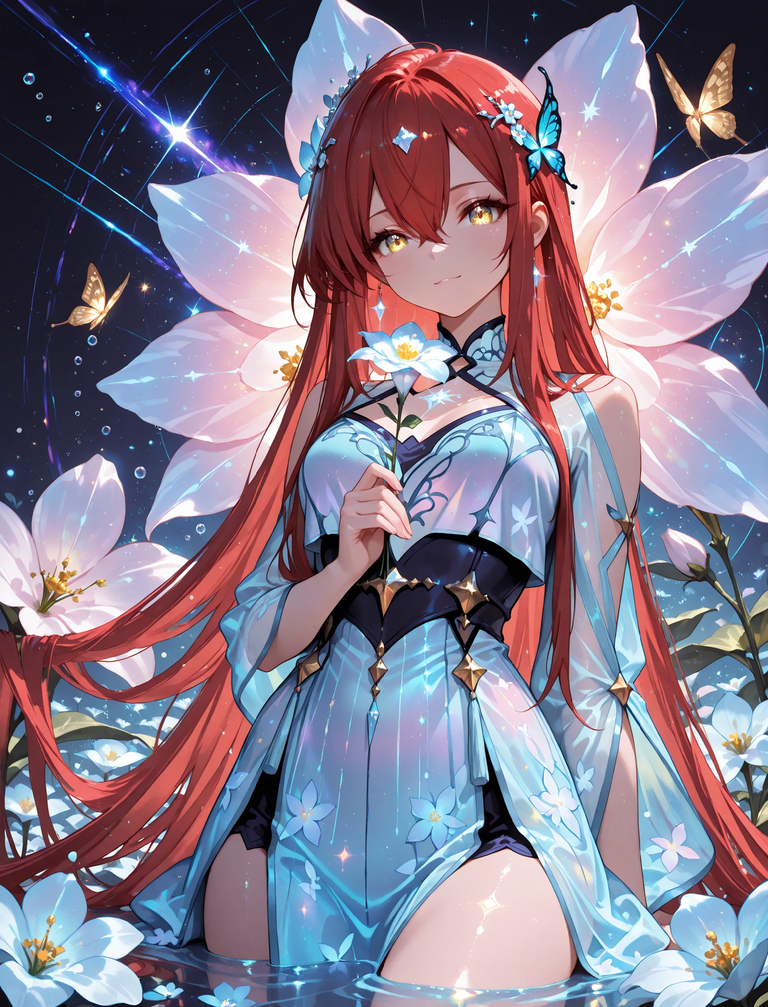 1 girl , golden eyes , very long hair , long sidelocks, red hair , petite , very cute , beautiful ,Straight hair, cool, handsome, hair between eyes, mediumlarge breast
, floating in a sea of stars, long flowing hair shimmering like moonlight, glowing galaxy eyes, wearing an ethereal translucent kimono made of constellations and nebula dust, surrounded by magical butterflies of light, soft ambient glow, bioluminescent particles, star trails swirling around her, peaceful expression, cinematic lighting, dreamy color palette, ultra-detailed face and hair, masterpiece, 8k, artstation, beautiful face, beautiful eyes, beautiful hair, best quality, look at viewers, (floral tiara), ((blooming flowers)), ultra detailed, perfect light, , purple world, misty, bubble, fantasy, transparent jewel, transparent crystal, light, glow, shine, shining, holding flower, dynamic pose, dynamic shot