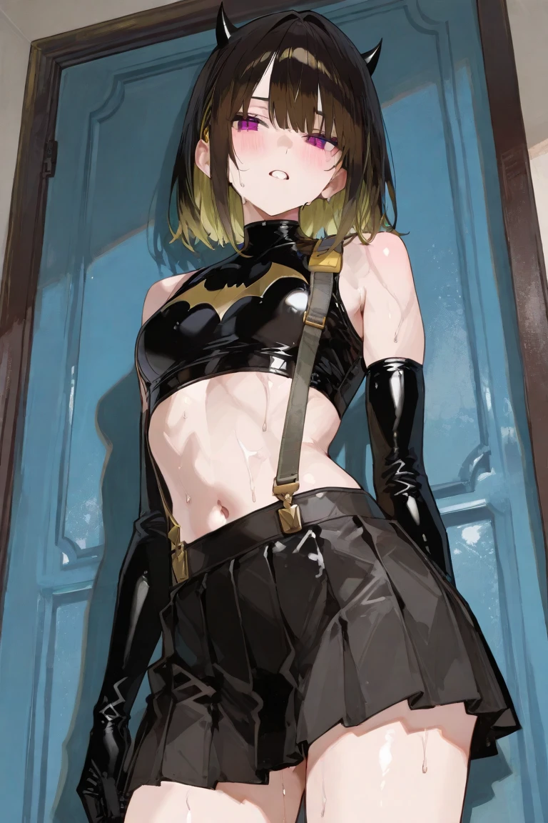 koizumi hanayo, (tight bodysuit:1.2), batman custom , standing , cowboy shot,belt, cape, in dungeon, against wall, Blushing, looking at right