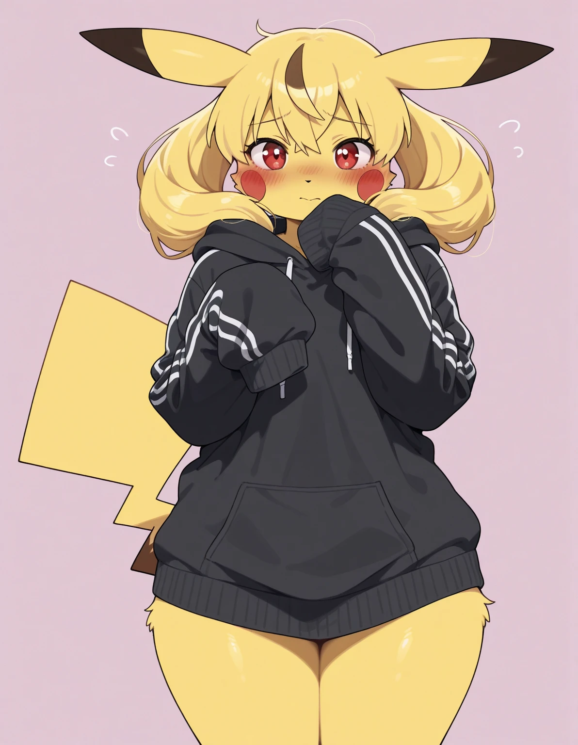 Furry bunny female, BLUE hood , Blonde  hair , shortstack, wide hips, skirt pusy huge boobs