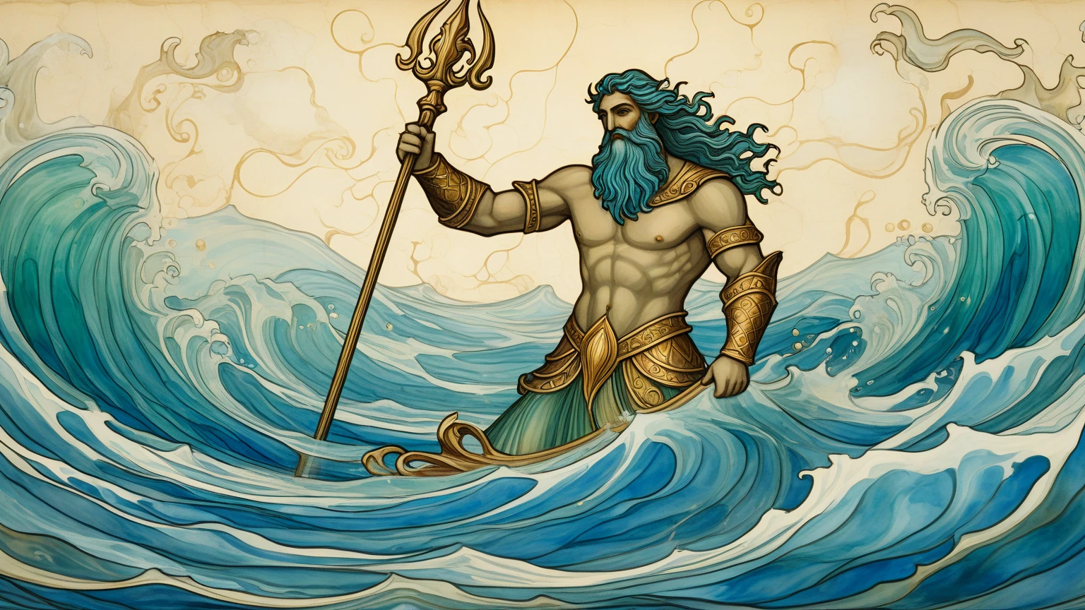 tattoo design Neptune (crossing of the equator) is standing in the back, holding its trident, hair and beard get blown into one direction in white background