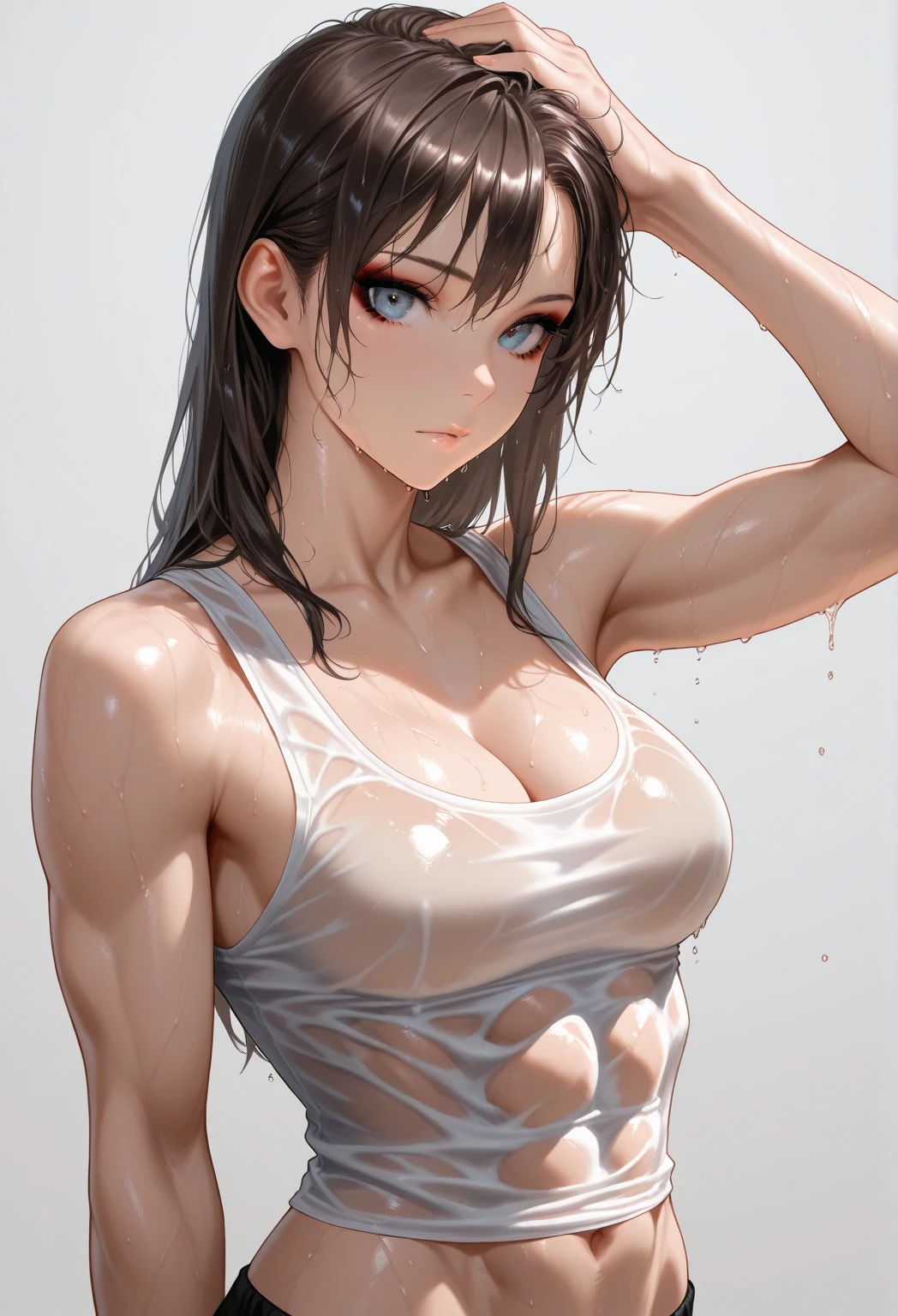 1lady solo, (looking up) from above, /(waitress/), /(dark brown hair/) bangs, blush light smile, (masterpiece best quality:1.2) delicate illustration ultra-detailed, (((White Background))) , looking at viewer, darker shadows, (((absurdres))), (((underboob))), (((sleeveless))), (((unbuckled))), (((ulzzang))), (((thigh gap))), (((very embarrassed))), (((mascara))), (((hands up surrender))), (((clenched fist))), (((feminine))), (((cinematic lighting))), (((pubic hair))), (((actress Son Ye-Jin)))