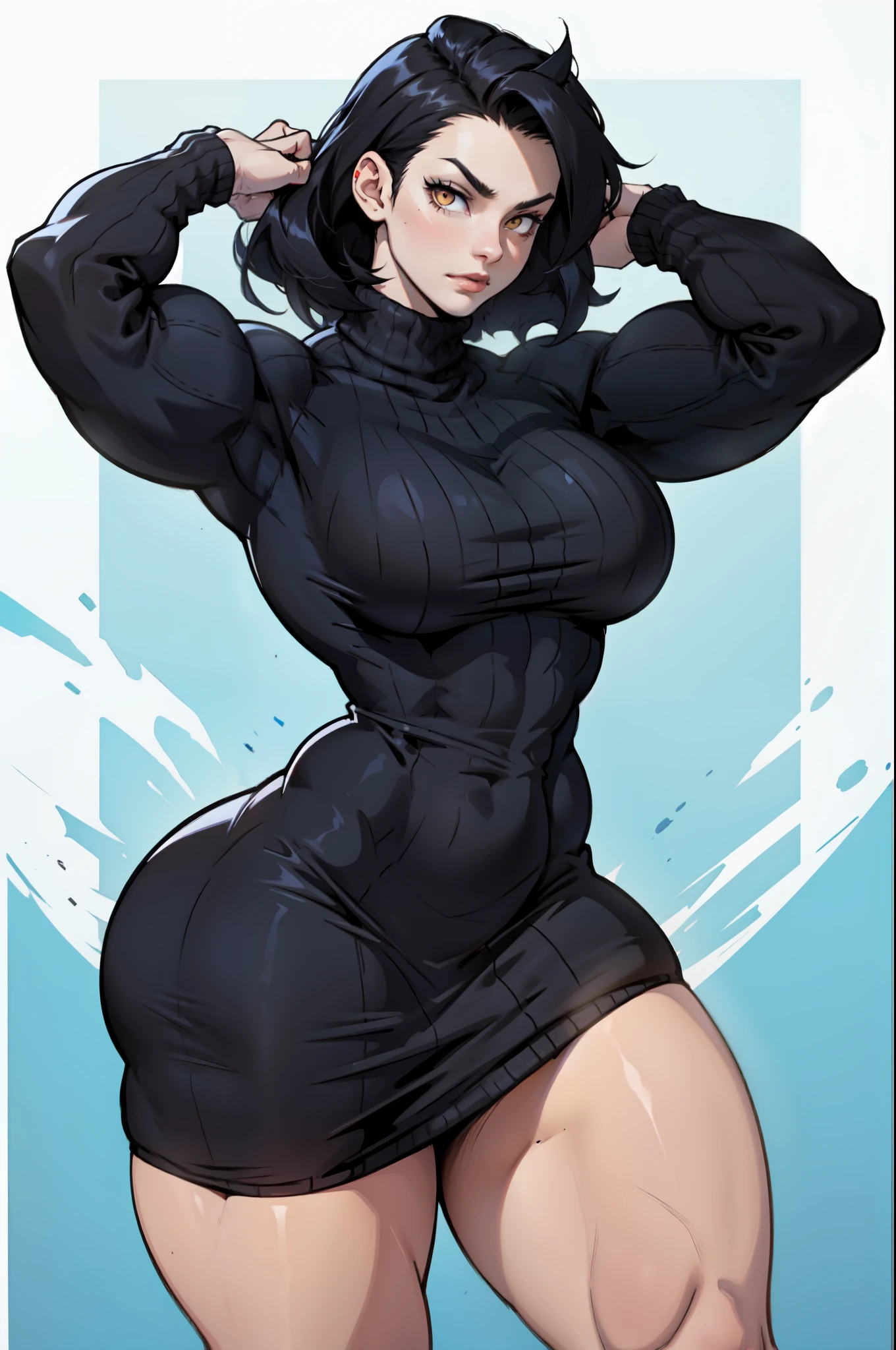 Girl with black hair tied in a ponytail wearing a tight dress that highlights her curves, big tits and big ass
