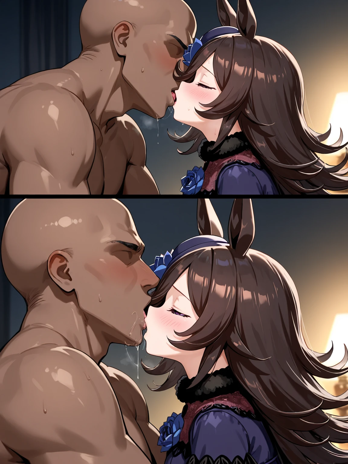 ,(beautiful profile),{perfect anatomy},((beautiful face:1.1))((1girl, 1 black man, kiss, old, groping:1.6)), ((looking at viewer:1.3)).
(masterpiece, highest quality:1.3), (Very detailed), {shape, Studio Light, Picturesque}, [Best Shadow],
break
(KonishiCSA)_(ShizumaCSA),
break
(Perfect Anatomy), (Symmetrical eyes, Beautiful Eyes), (Sharp eyeliner, Beautiful Face), (gray eyes),
break
nice hands, Perfect hands, Guido Daniele,
break
1girl, alone,
break
AtlantaKC, (white) long sleeves shirt, (black) suspender skirt, (black) Garrison Cap, (anchor) hair ornaments, (star (symbol)) Earringss, (black) Garter Straps, (black) Thigh straps, (dress) shirt, (high waist) skirt, (single) Earrings, (left side) Earrings,
break,
 ((Fingers are partially missing) gloves, (2 Tone) gloves with (white) return (gray) palm)),
break
(The label text reads "51" written on the Garrison Cap left side:1.3),
break
,( blush, open your mouth, roll your eyes, stick out tongue,)(parted lips),(I close my eyes and feel weak) ,(from behind:1.2)