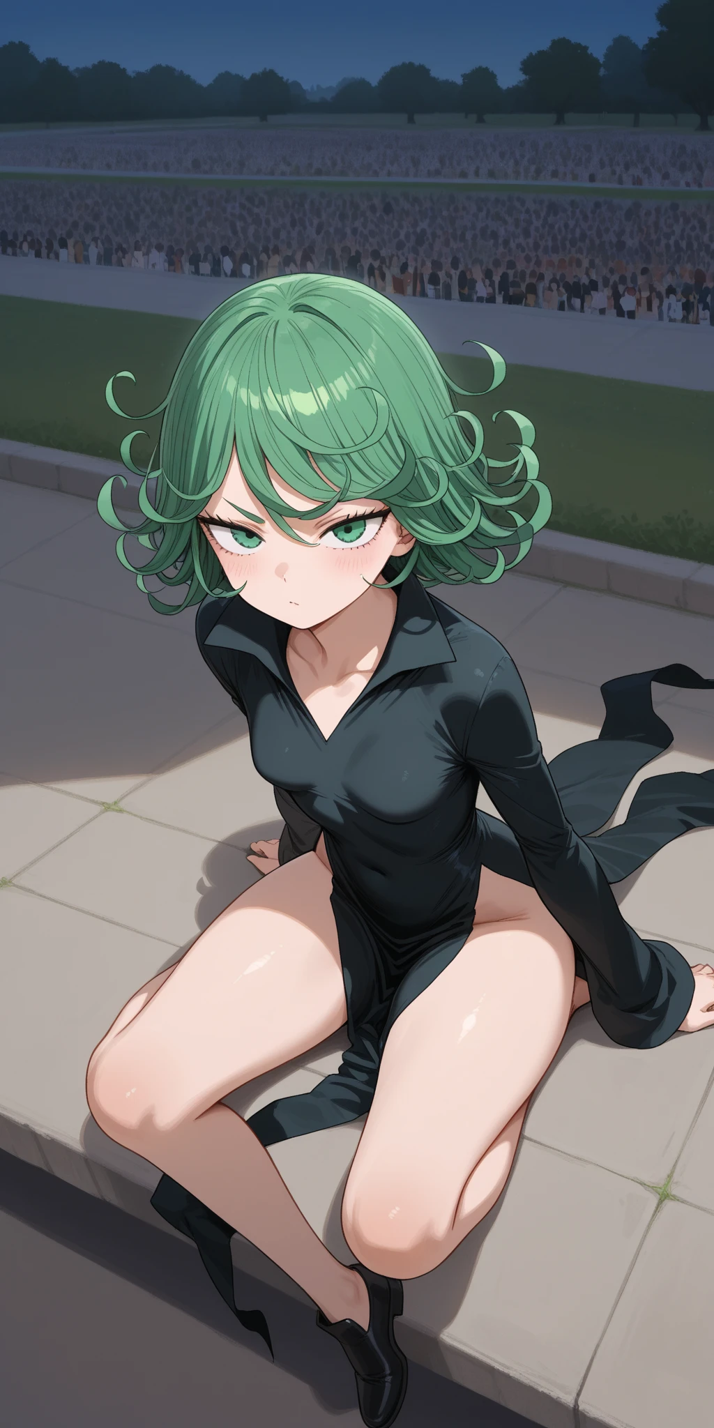 green hair,green eyes,crawl,squat,sad,despair,cry,tears in my eyes,(collar),(lead)、elementary school girl、Breast flick、flat chest、pointed nipples、squat、white panties、cover your chest with your hands