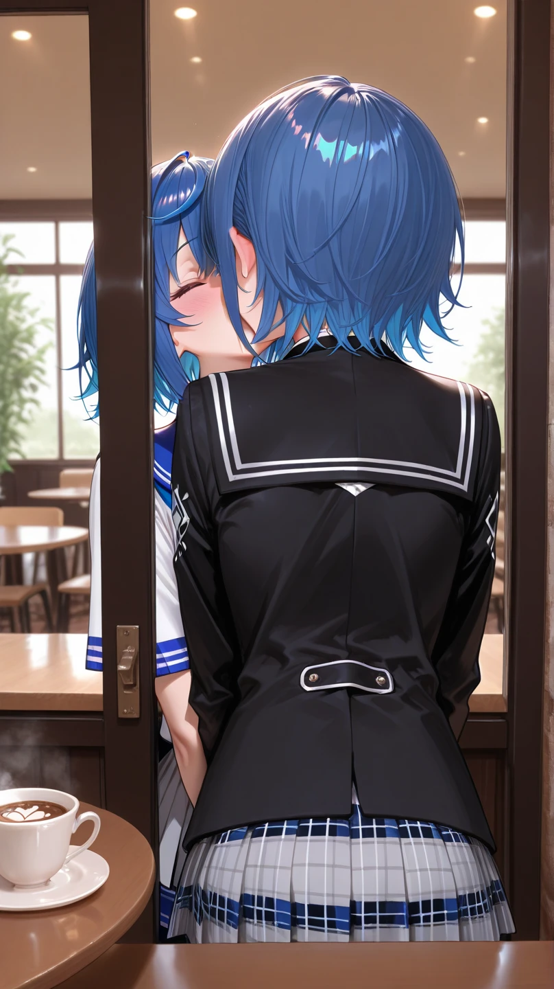 Young girl with blue hair,short straight hair and short bangs (purple eyes),, ((small bushy eyebrows)), wearing gothic lolita clothing, lolicon , large breast, breasts out of blouse, walking to school, bored look, bored face,, suddenly having sex in public, ((doggy style sex)), ((public sex in a restaurant)) naked ass in the male crotch, perfect anatomy, young boy fucking her