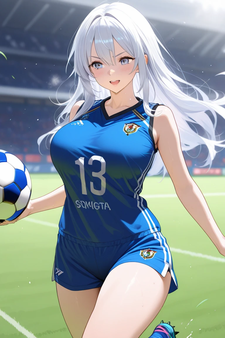Highest quality、super high quality、16K, Delicious breasts、Facial expressions are random、The place is a soccer field、 Hair color is silver hair、The pose is with the butt facing the viewer.、The distance is random、Angle from below、Small face、Very delicate facial expressions、Delicate eye depiction、Highly detailed hair、Erotic、18-year-old female、Glowing Skin、Soft Skin、The only sexy Japanese woman、The clothes are random soccer player clothes、1 female、