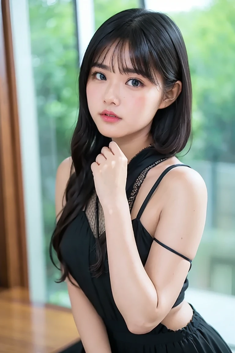beautiful girl、No sleeve, Sheer Lace Shirt、Emphasized cleavage、Large Breasts、Long Hair、Please tie your hair with a red ribbon、はだけたThighs、Thighs、Beautiful knees、High heels、Have a smartphone、Gazing at the audience、Embarrassed expression、High resolution、colorful、Background Flowers、blue sky、Black Hair、blue eyes、Red flared skirt(mini skirt)、Large Breasts、Sleep on your back、just out of the bath、Moist eyes、Shaking breasts