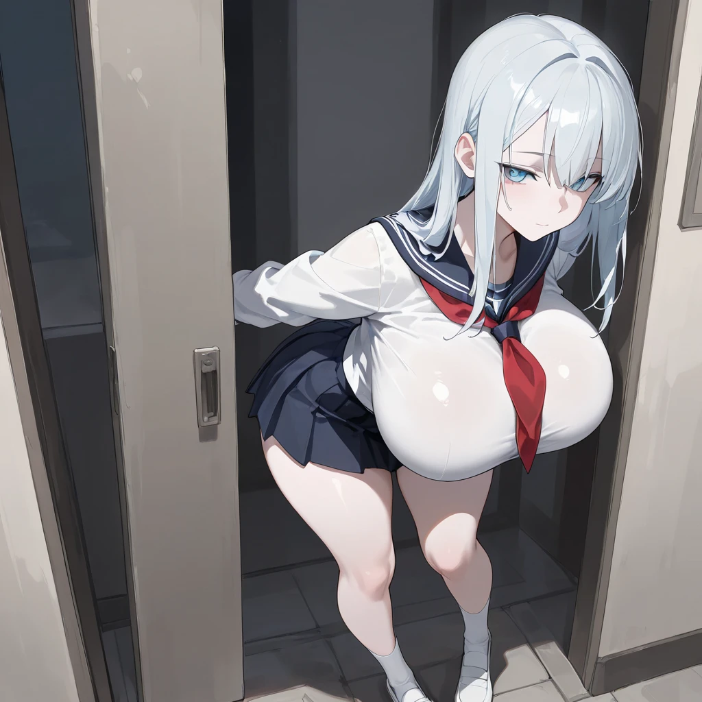 One Naked Girl、Wearing a sailor uniform、Walking along the street in the morning、Light blue hair、blue eyes、Large breasts、Nipples、Pussy、Expressionless and dead-eyed、Desperate look、Are crying、Looking down、Being tied up with hands behind back、Condensed milk is poured over the body、Condensed milk on your hair、condensed milk on the face、Daytime view